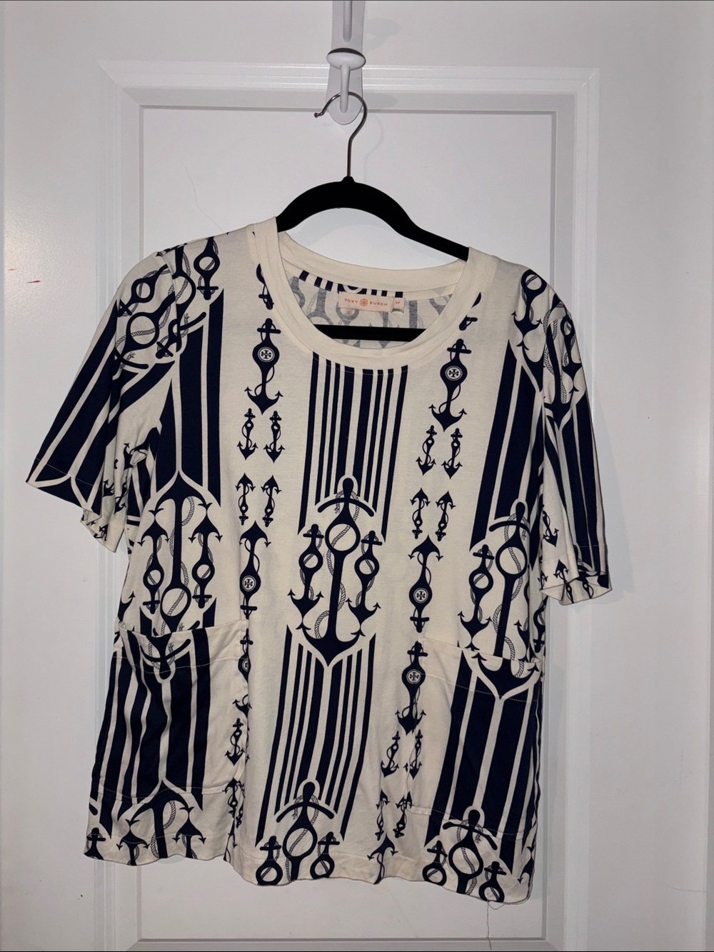 Tory Burch Cream Short Sleeve Top with Navy Anchor Stripe Print